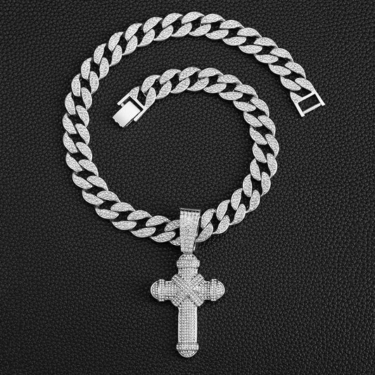 Men's Zircon Cross Pendant Cuban Chain & Bracelet Set