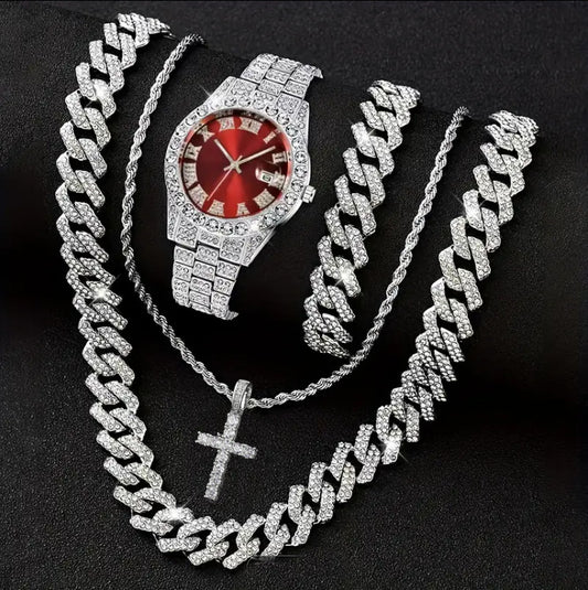 Men's Iced Out Cuban Chain Set – Watch, Pendant & Bracelet