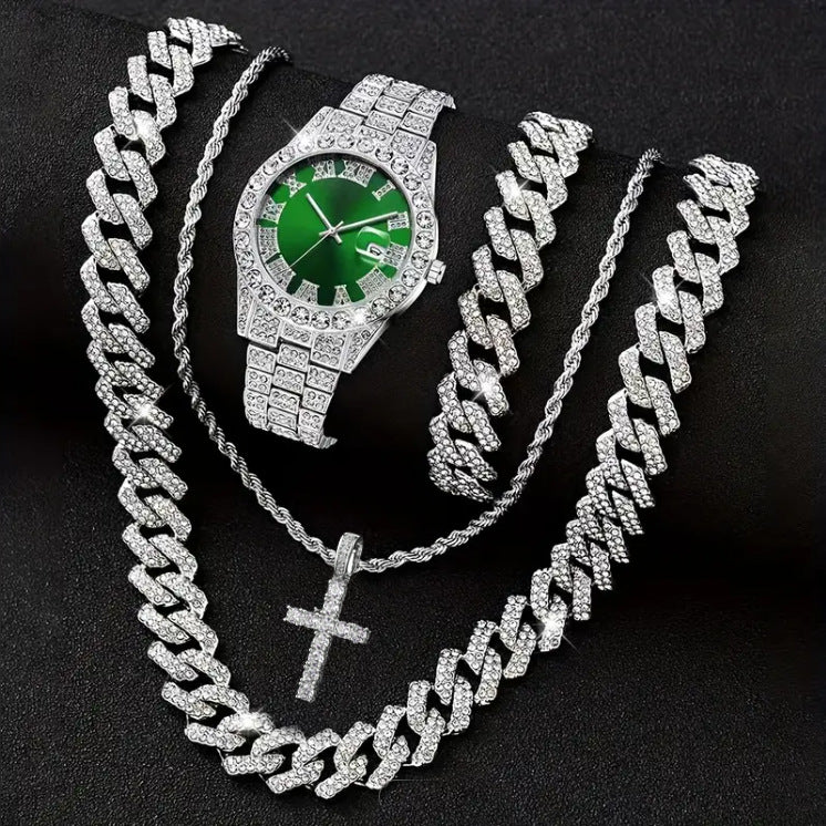Men's Iced Out Cuban Chain Set – Watch, Pendant & Bracelet