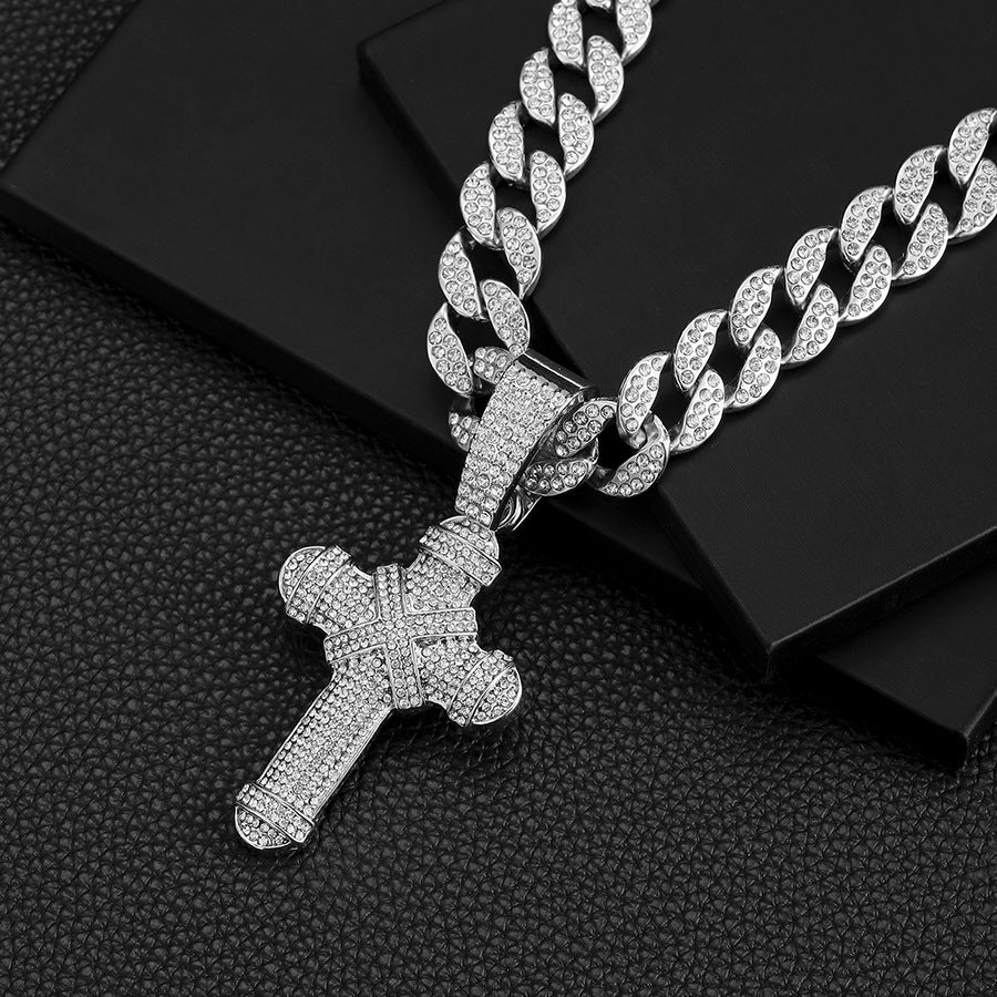Men's Zircon Cross Pendant Cuban Chain & Bracelet Set