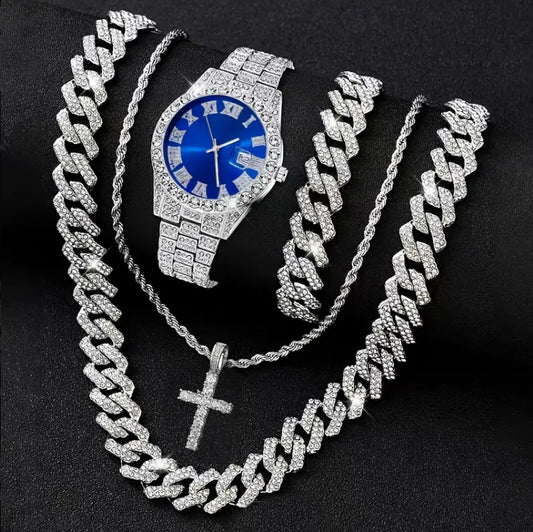 Men's Iced Out Cuban Chain Set – Watch, Pendant & Bracelet