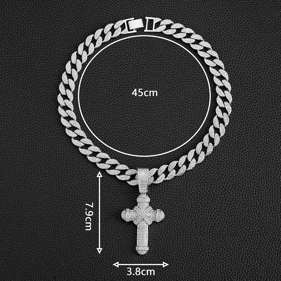 Men's Zircon Cross Pendant Cuban Chain & Bracelet Set