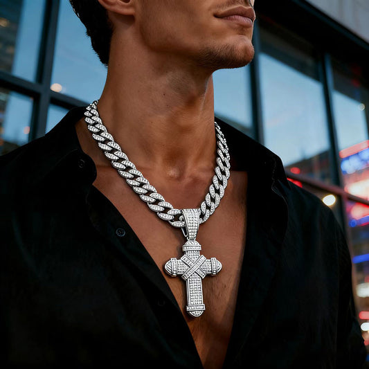 Men's Zircon Cross Pendant Cuban Chain & Bracelet Set