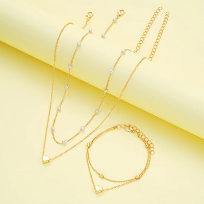 Chic Pearl Heart Jewelry Set for Women – Gold Necklace & Bracelet