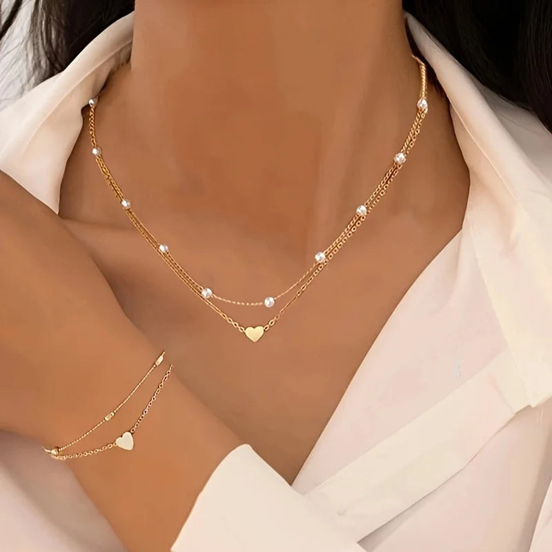 Chic Pearl Heart Jewelry Set for Women – Gold Necklace & Bracelet