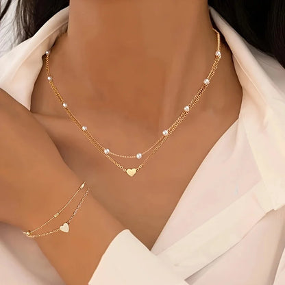 Chic Pearl Heart Jewelry Set for Women – Gold Necklace & Bracelet