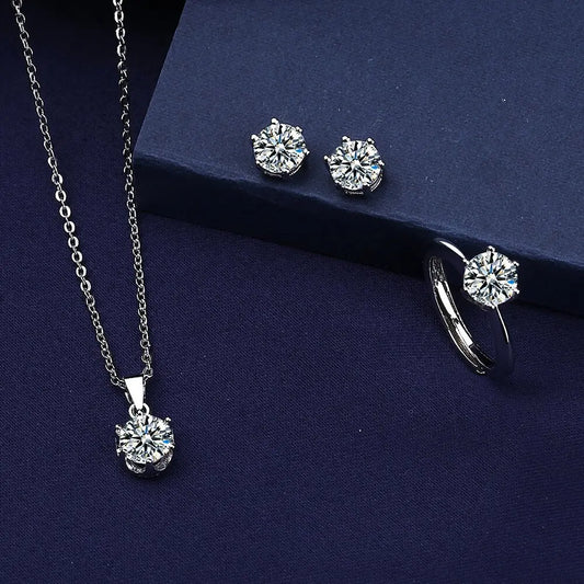 925 Sterling Silver Moissanite Bridal Jewelry Set – Necklace, Earrings & Ring